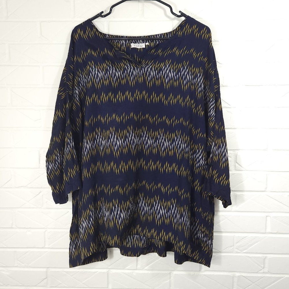 Masai Navy Stripe Print V-neck 3/4 Sleeve Tunic Lagenlook Viscose L